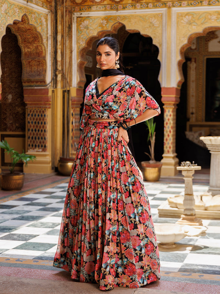 Black Floral Printed Chinon Lehenga  - By Ragavi