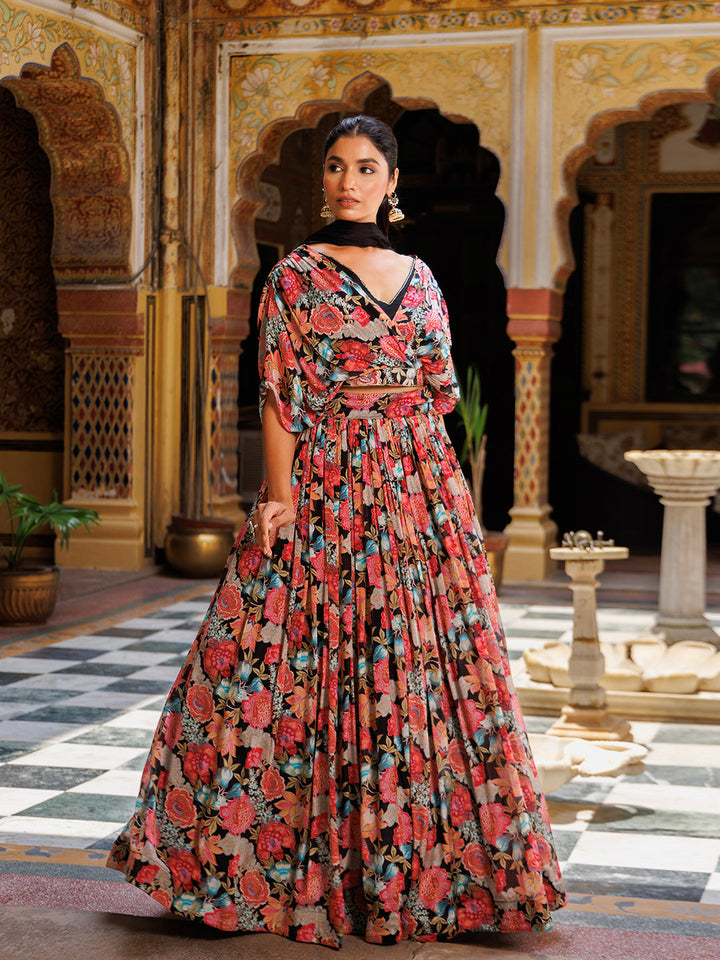 Black Floral Printed Chinon Lehenga  - By Ragavi