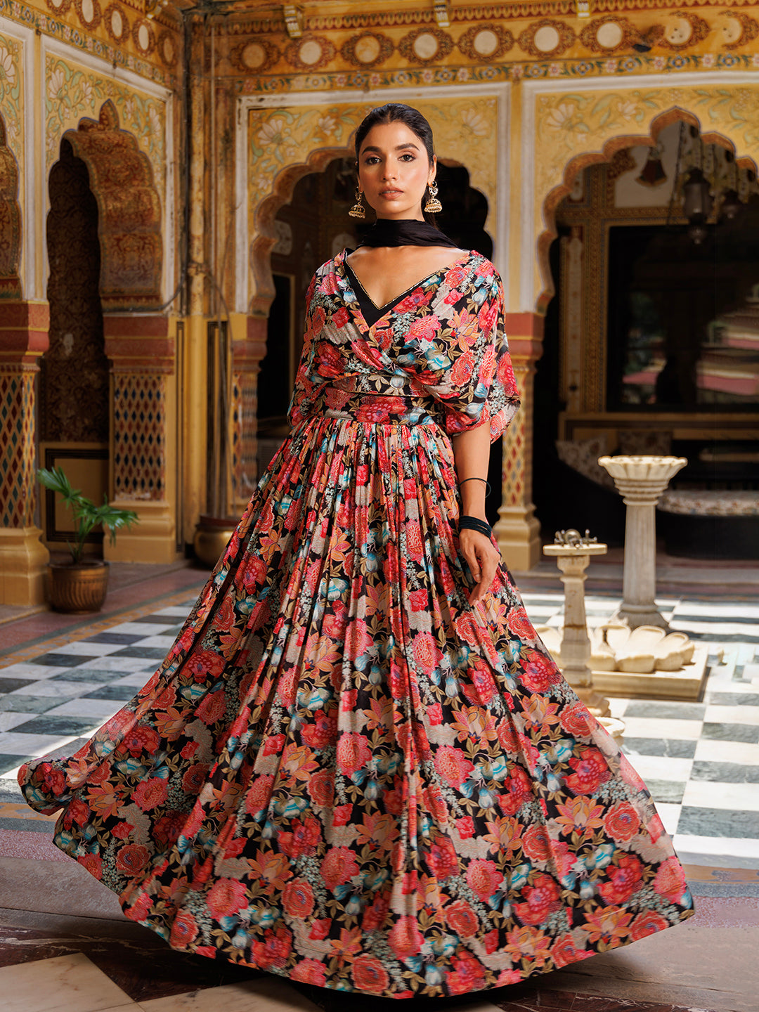 Black Floral Printed Chinon Lehenga  - By Ragavi