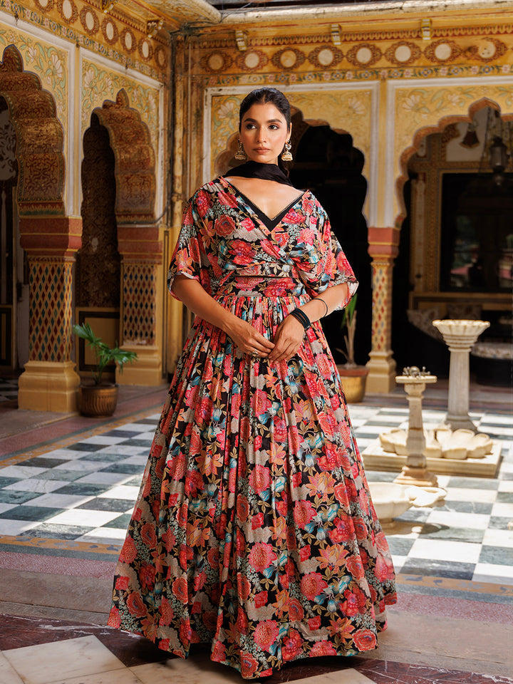 Beautiful black floral printed Chinon lehenga by Ragavi with intricate detailing and elegant design