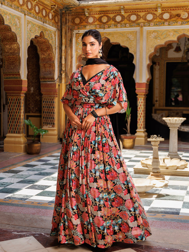 Beautiful black floral printed Chinon lehenga designed by Ragavi for elegant occasions