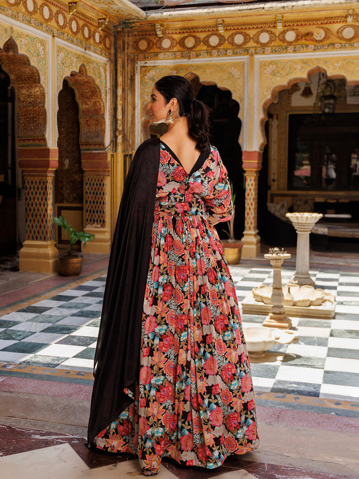 Beautiful Black Floral Printed Chinon Lehenga with intricate detailing by Ragavi