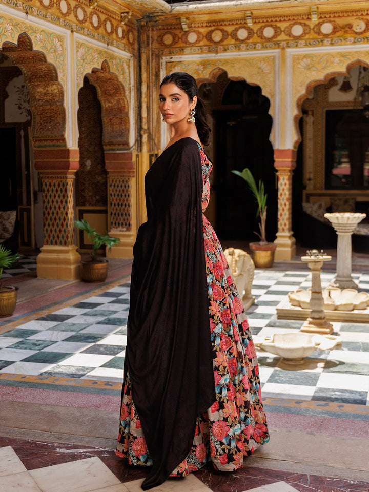 Black Floral Printed Chinon Lehenga  - By Ragavi