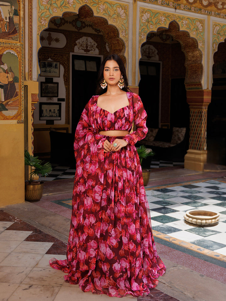 Magenta Haze Floral Printed Chiffon Lehenga Set with Embroidered Blouse and Dupatta