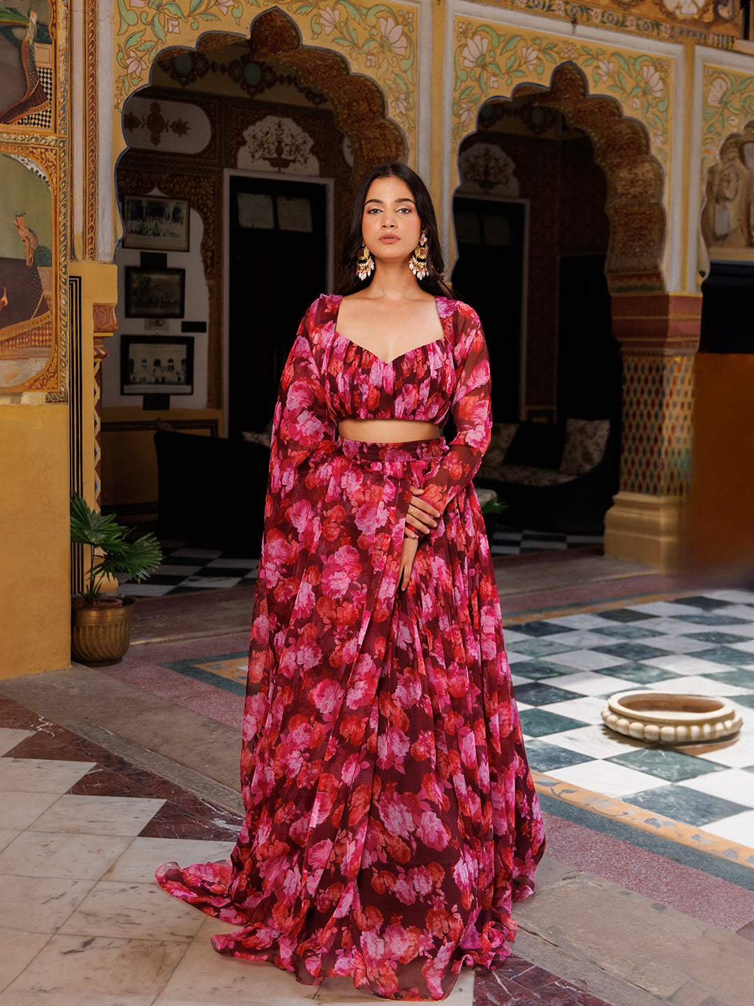 Magenta Haze Floral Printed Chiffon Lehenga Set  - By Ragavi