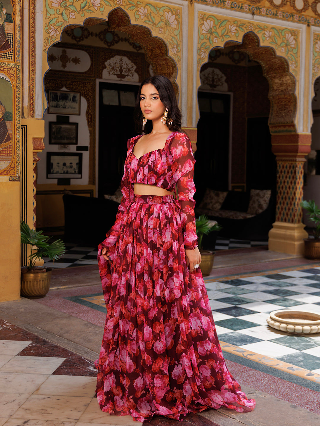 Magenta Haze Floral Printed Chiffon Lehenga Set  - By Ragavi