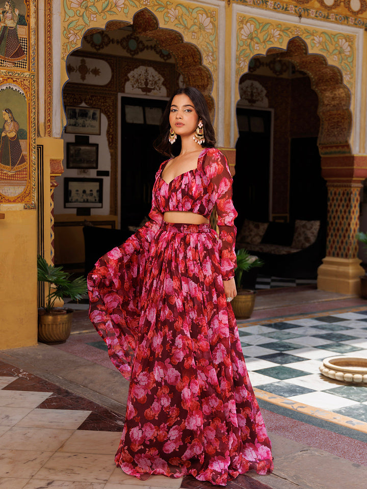 Magenta Haze Floral Printed Chiffon Lehenga Set  - By Ragavi