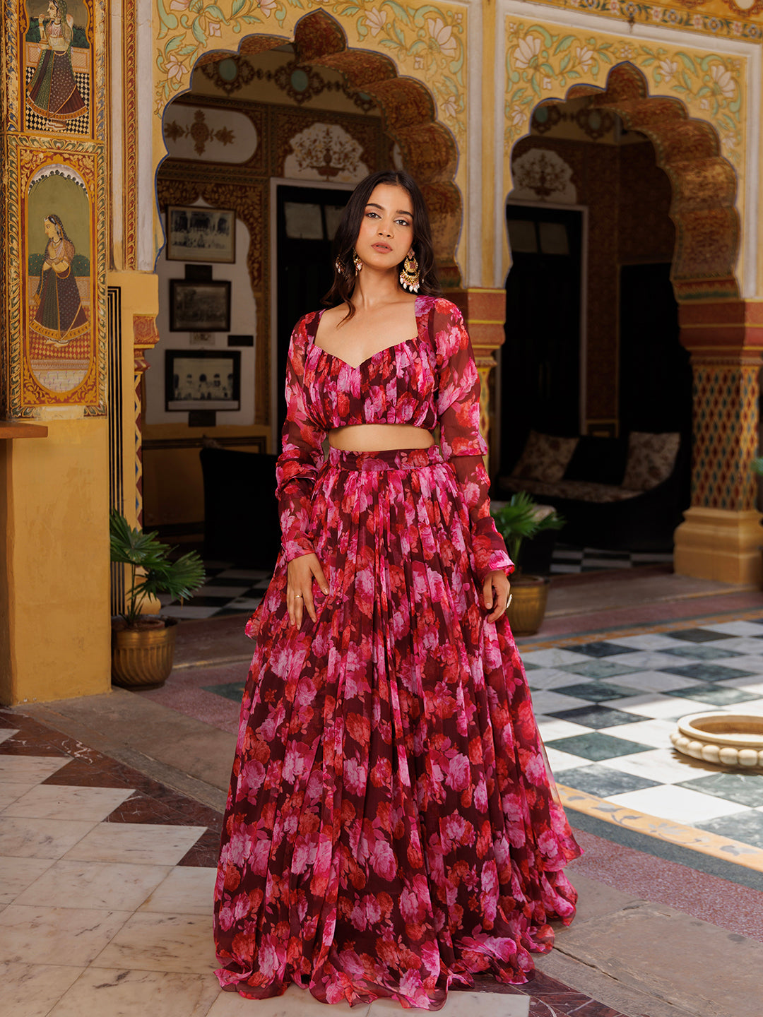 Magenta Haze Floral Printed Chiffon Lehenga Set  - By Ragavi