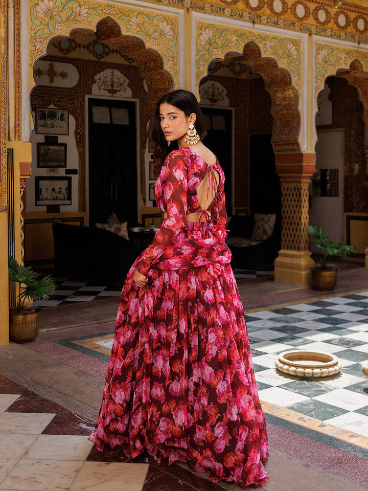 Exquisite magenta haze lehenga set with delicate chiffon fabric and floral prints