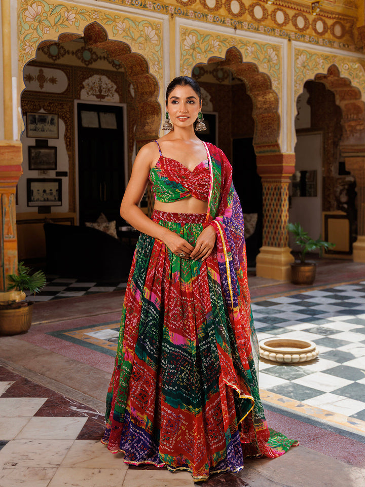 Pachranga Leheriya Floral Printed Chiffon Lehenga Sett  - By Ragavi