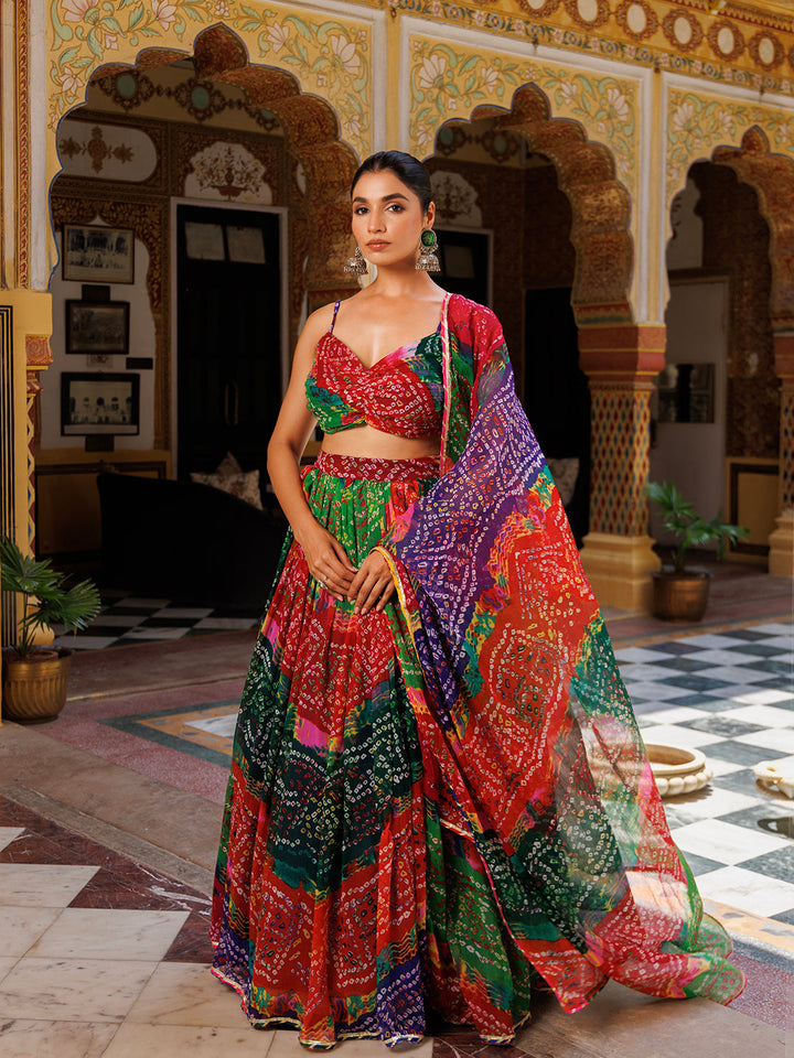 Pachranga Leheriya Floral Printed Chiffon Lehenga Sett  - By Ragavi