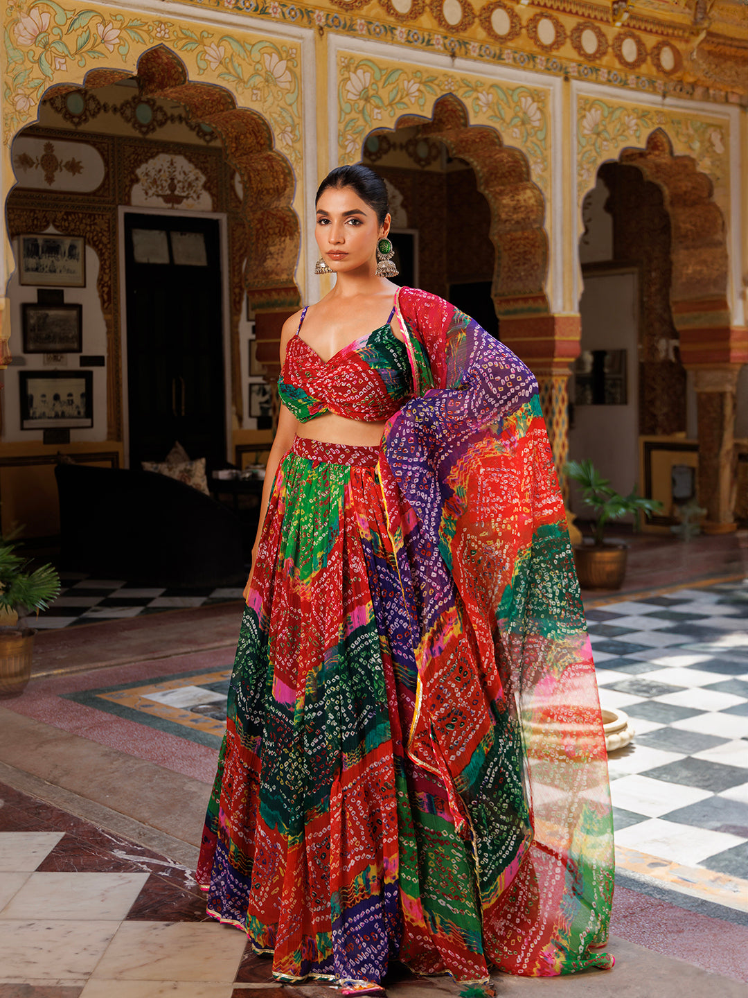 Pachranga Leheriya Floral Printed Chiffon Lehenga Sett  - By Ragavi