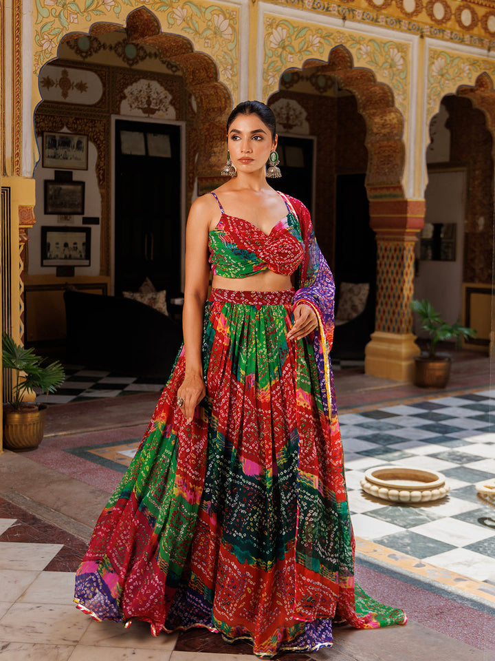 Pachranga Leheriya Floral Printed Chiffon Lehenga Sett  - By Ragavi