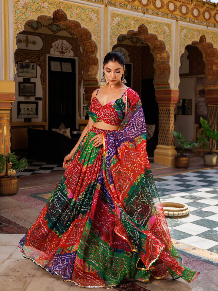 Pachranga Leheriya Floral Printed Chiffon Lehenga Sett  - By Ragavi