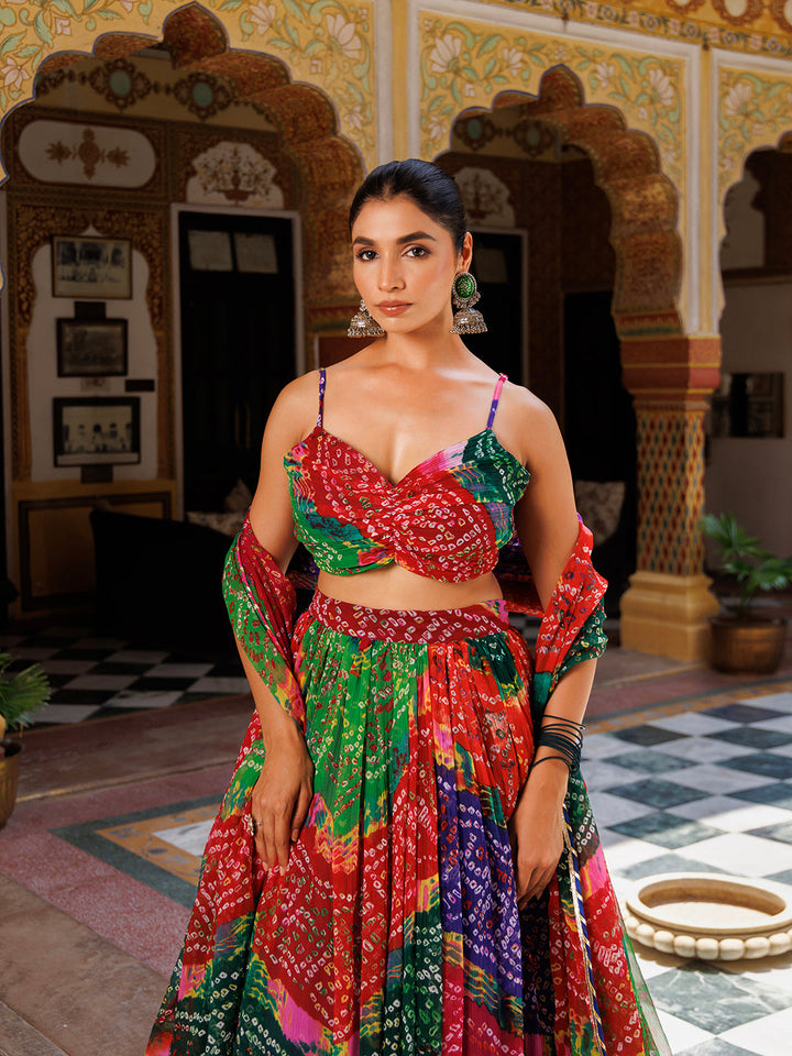 Pachranga Leheriya Floral Printed Chiffon Lehenga Sett  - By Ragavi