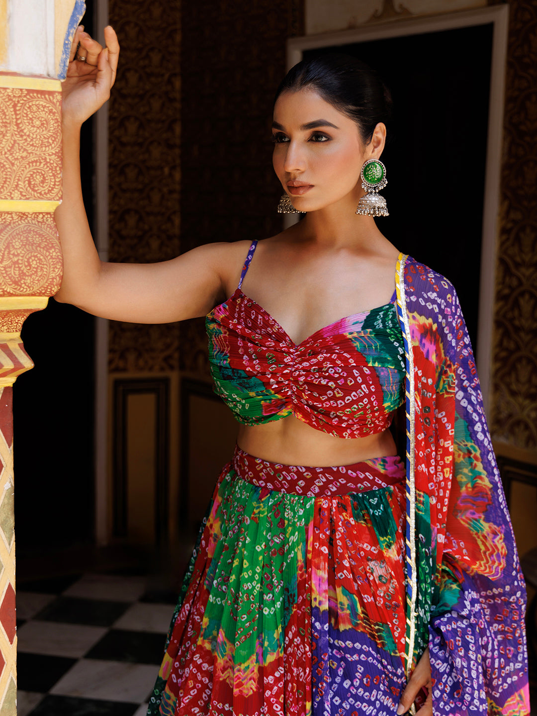 Pachranga Leheriya Floral Printed Chiffon Lehenga Sett  - By Ragavi