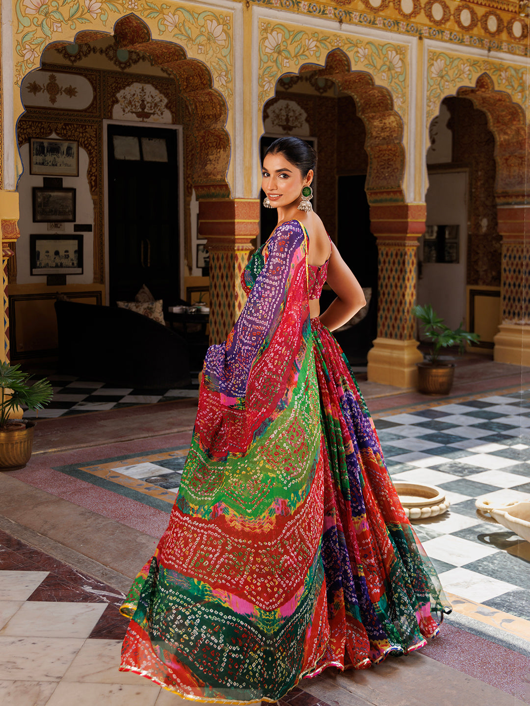 Pachranga Leheriya Floral Printed Chiffon Lehenga Sett  - By Ragavi