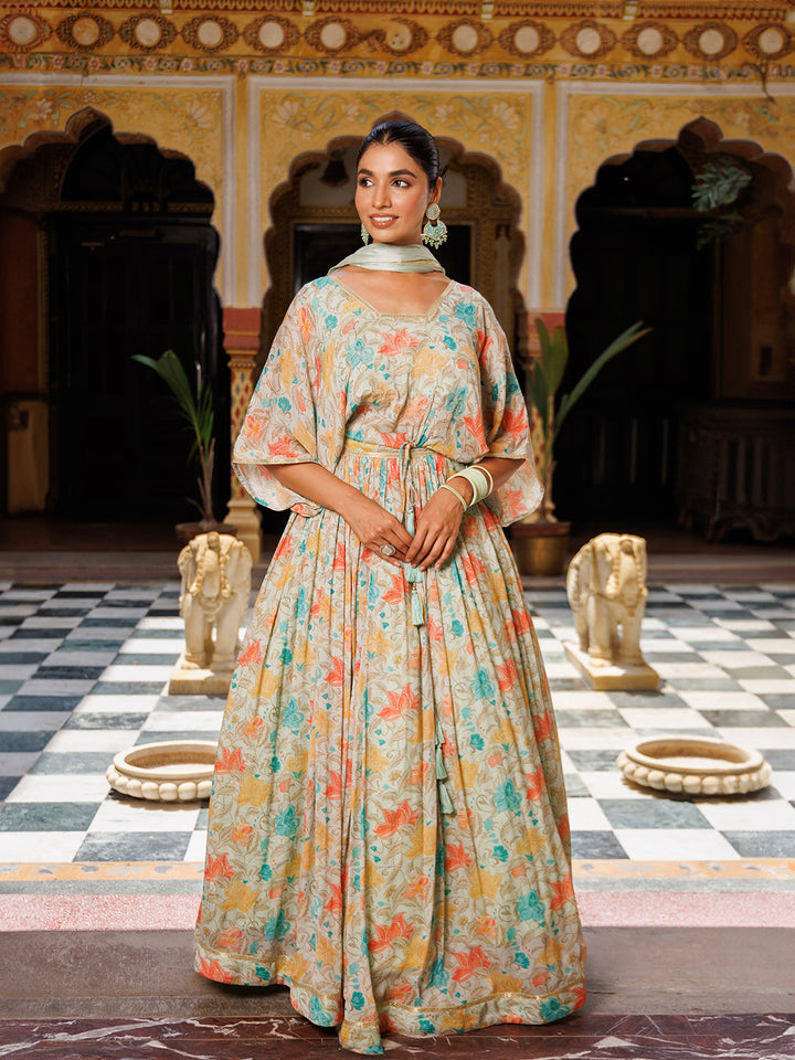 Mint Floral Printed Pure Chinon Lehenga - By Ragavi