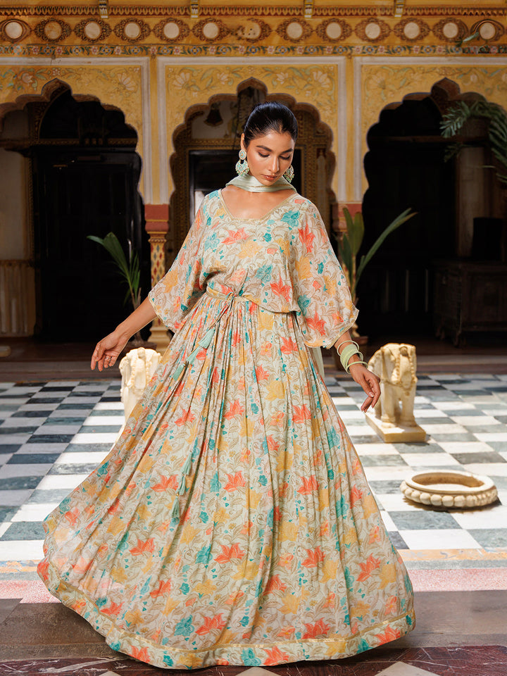 Mint Floral Printed Pure Chinon Lehenga - By Ragavi