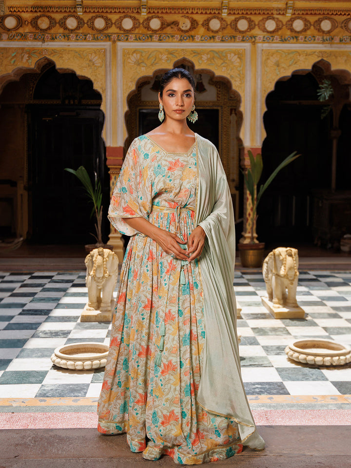 Mint Floral Printed Pure Chinon Lehenga - By Ragavi