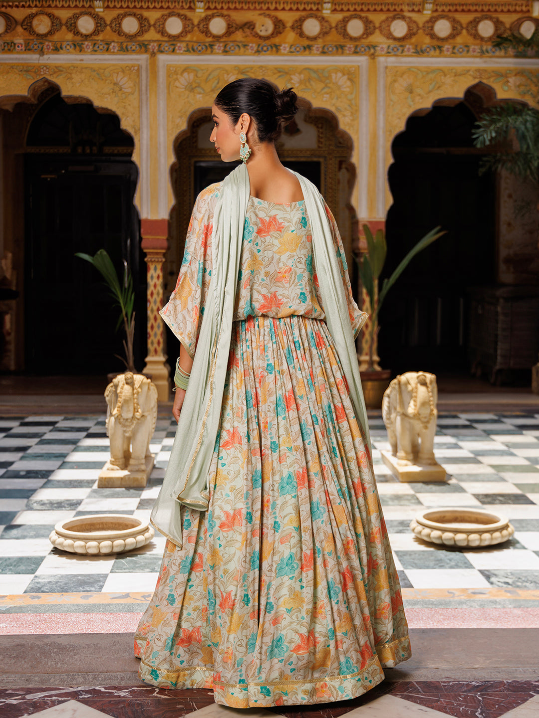 Mint Floral Printed Pure Chinon Lehenga - By Ragavi