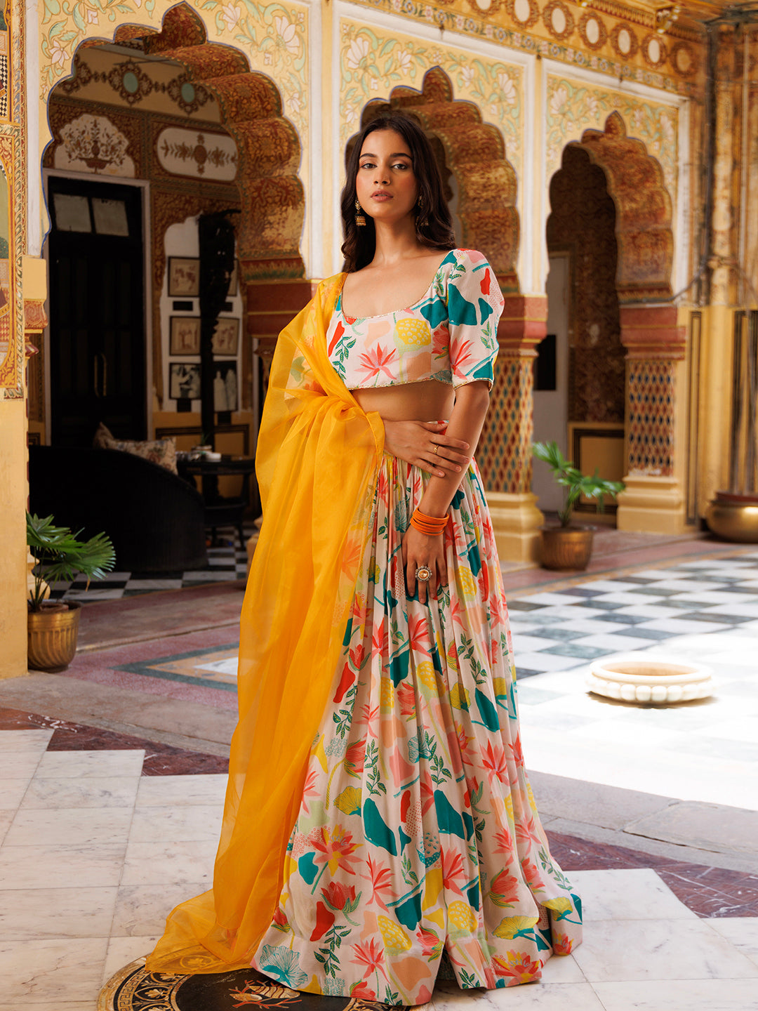 Beautiful multicolor printed lehnga set with intricate embroidery and matching dupatta