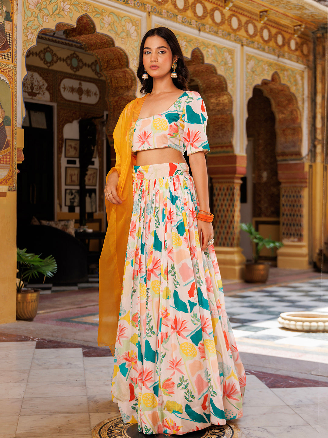 Elegant and vibrant lehnga set in multiple colors with detailed floral patterns