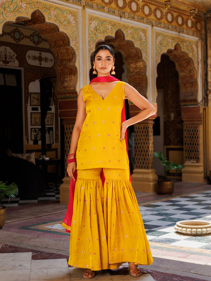 Yellow and pink Bumblebee Embroidered Sharara Set on a mannequin 