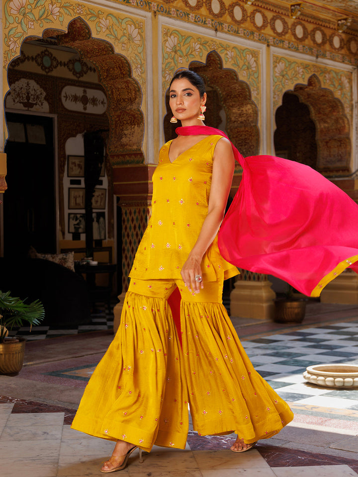 Beautiful Bumblebee Yellow and Pink Embroidered Sharara Set by Ragavi