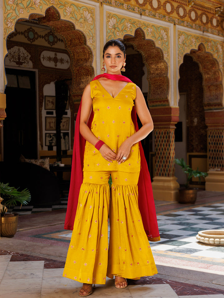 Beautiful Bumblebee Yellow and Pink Embroidered Sharara Set by Ragavi