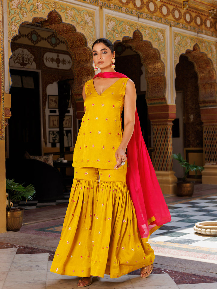 Bumblebee Yellow Pink Embroidered Sharara Set  - By Ragavi