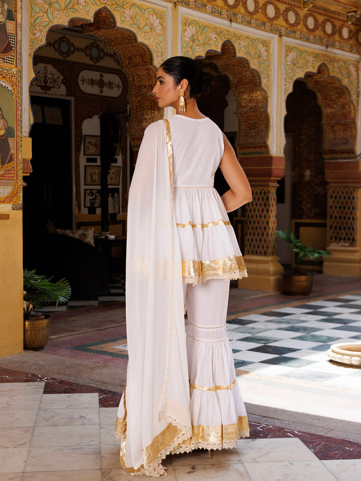 Cannoli Cream White Cotton Embroidered Sharara Set  - By Ragavi