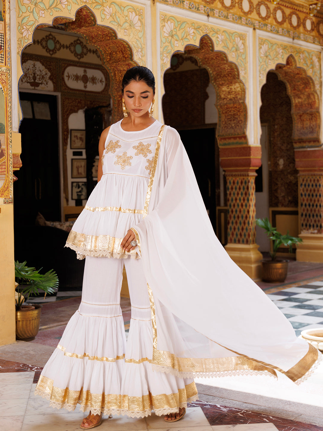 Cannoli Cream White Cotton Embroidered Sharara Set  - By Ragavi