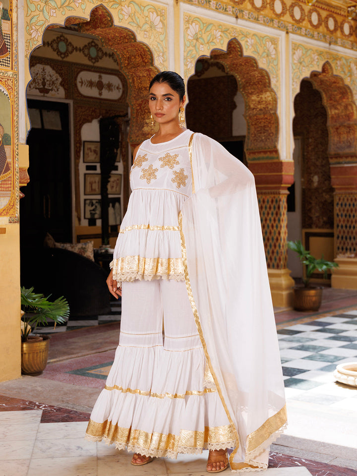 Cannoli Cream White Cotton Embroidered Sharara Set  - By Ragavi