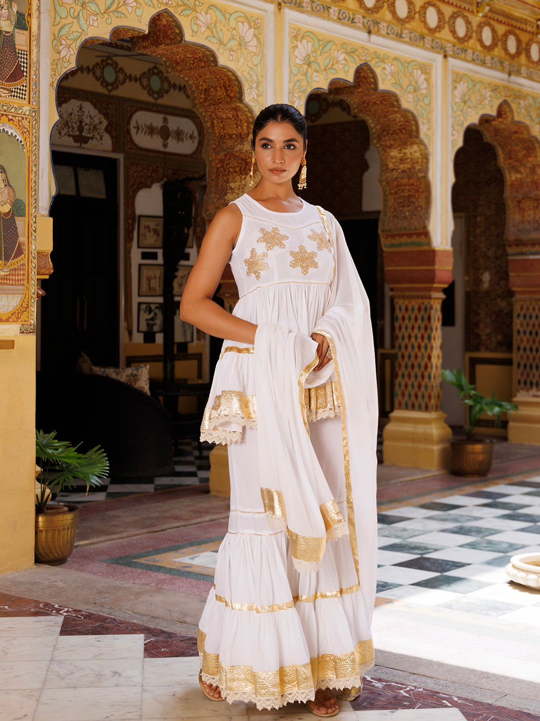 Cannoli Cream White Cotton Embroidered Sharara Set  - By Ragavi