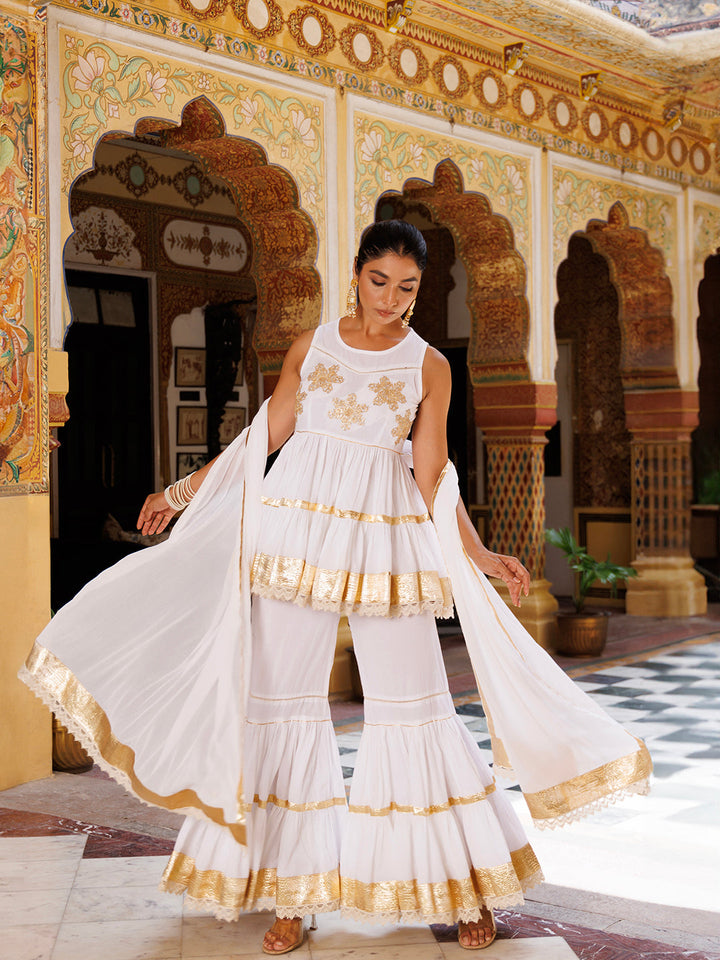 Cannoli Cream White Cotton Embroidered Sharara Set  - By Ragavi