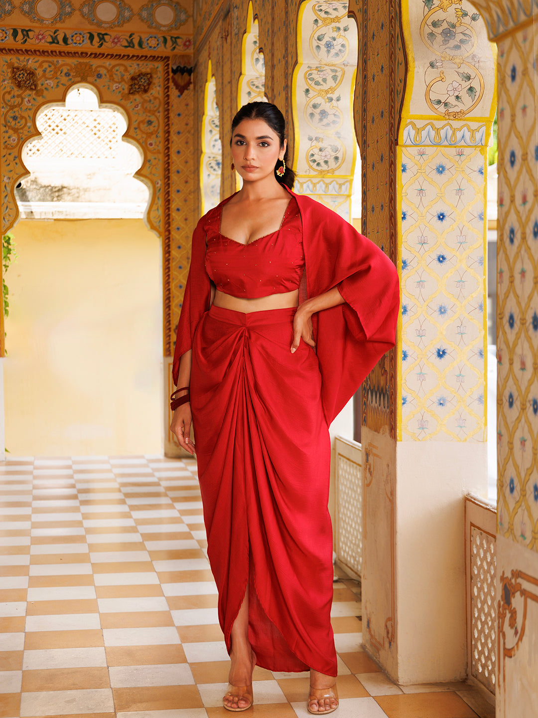 Stylish Savy Red Silk Co-Ord Set designed by Ragavi, featuring a matching top and skirt