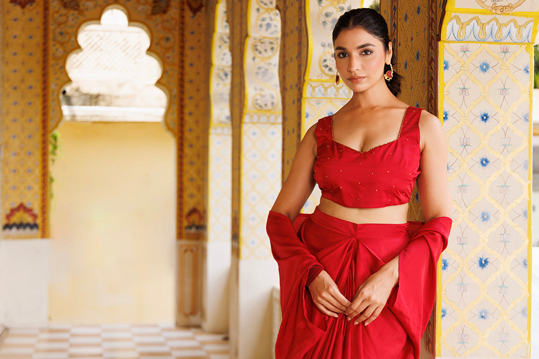 Stunning Savy Red Silk Co-Ord Set by Ragavi - a luxurious must-have for any fashion-forward individual