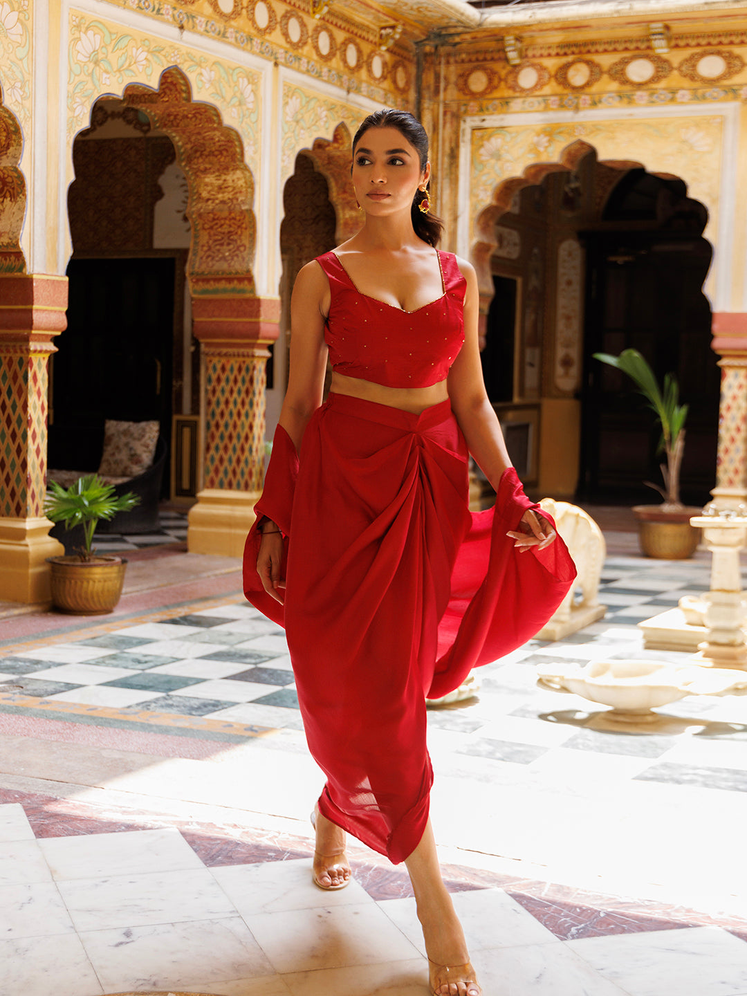 Beautiful Savy Red Silk Co- Ord Set by Ragavi, perfect for elegant occasions