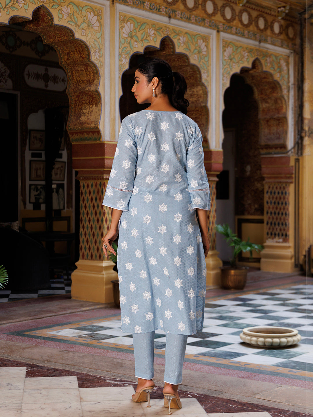 Ice Melt Blue Cotton Embroidered Kurta Set  - By Ragavi