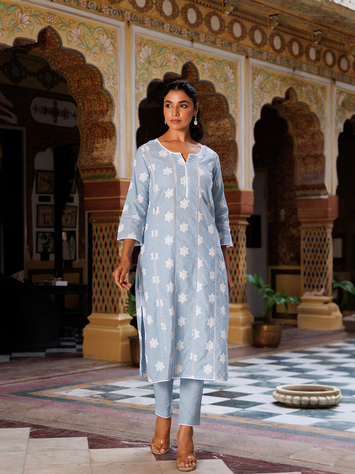 Blue cotton kurta set with intricate embroidery, perfect for winter - Ice Melt by Ragavi