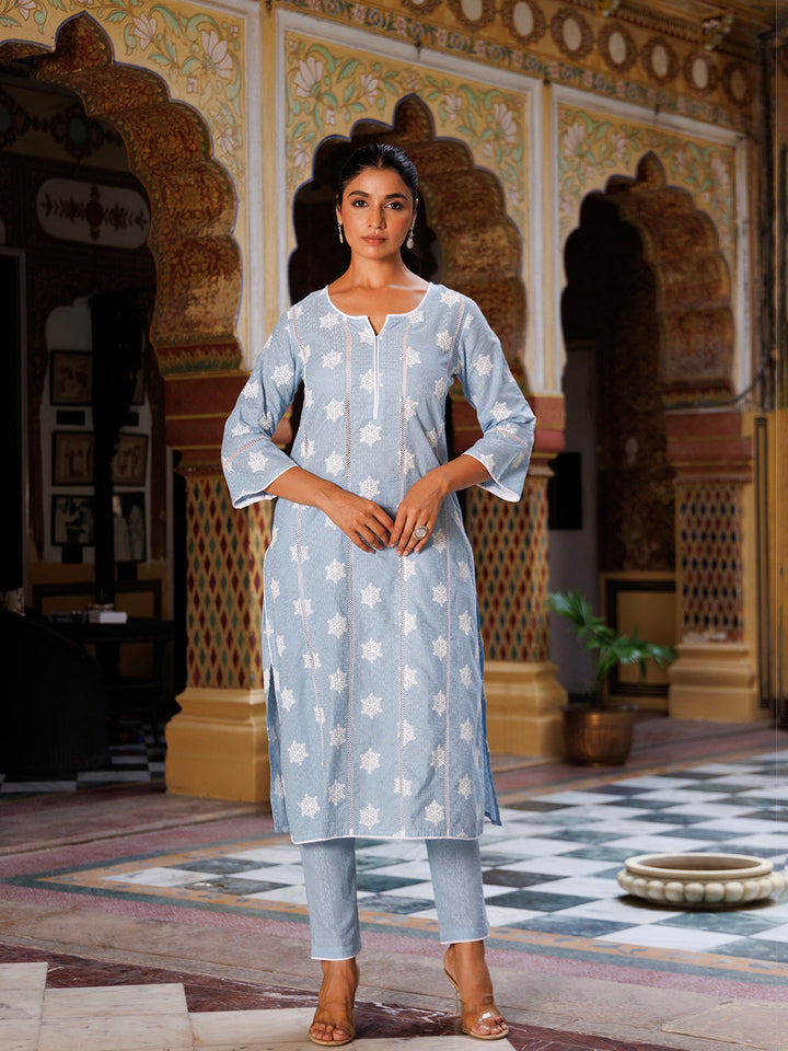 Ice Melt Blue Cotton Embroidered Kurta Set with intricate floral patterns and matching trousers for a stylish ethnic look