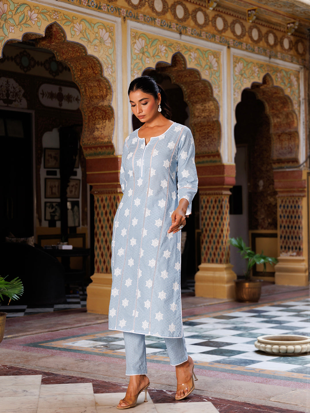 Ice Melt Blue Cotton Embroidered Kurta Set  - By Ragavi