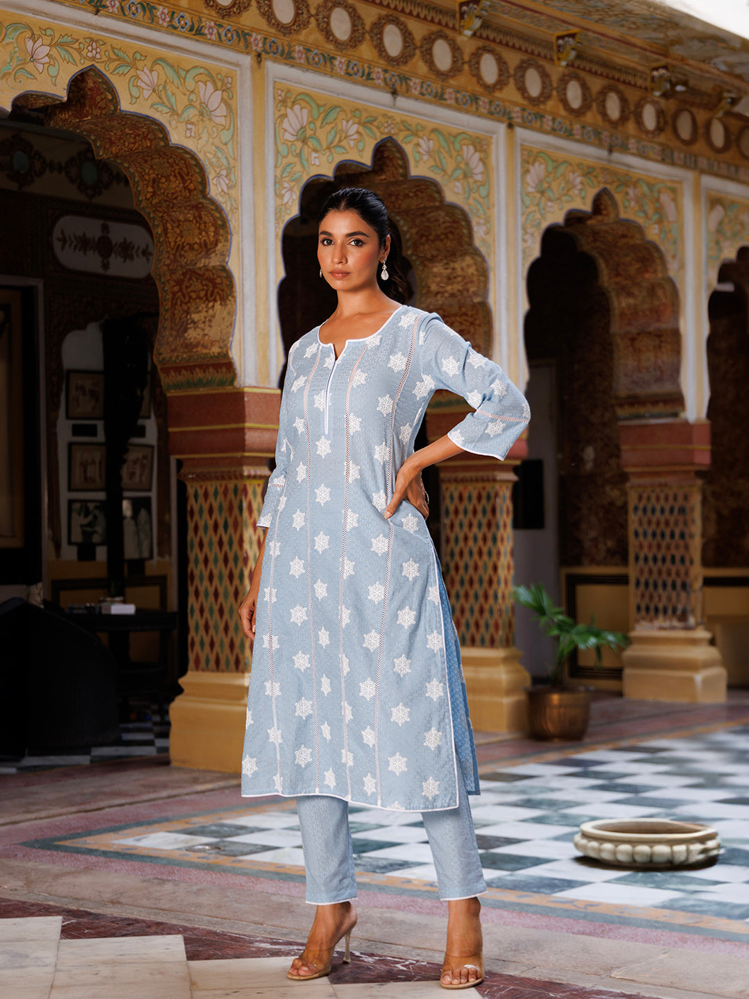 Elegant Ice Melt Blue Cotton Kurta Set with beautiful embroidery and delicate detailing by Ragavi