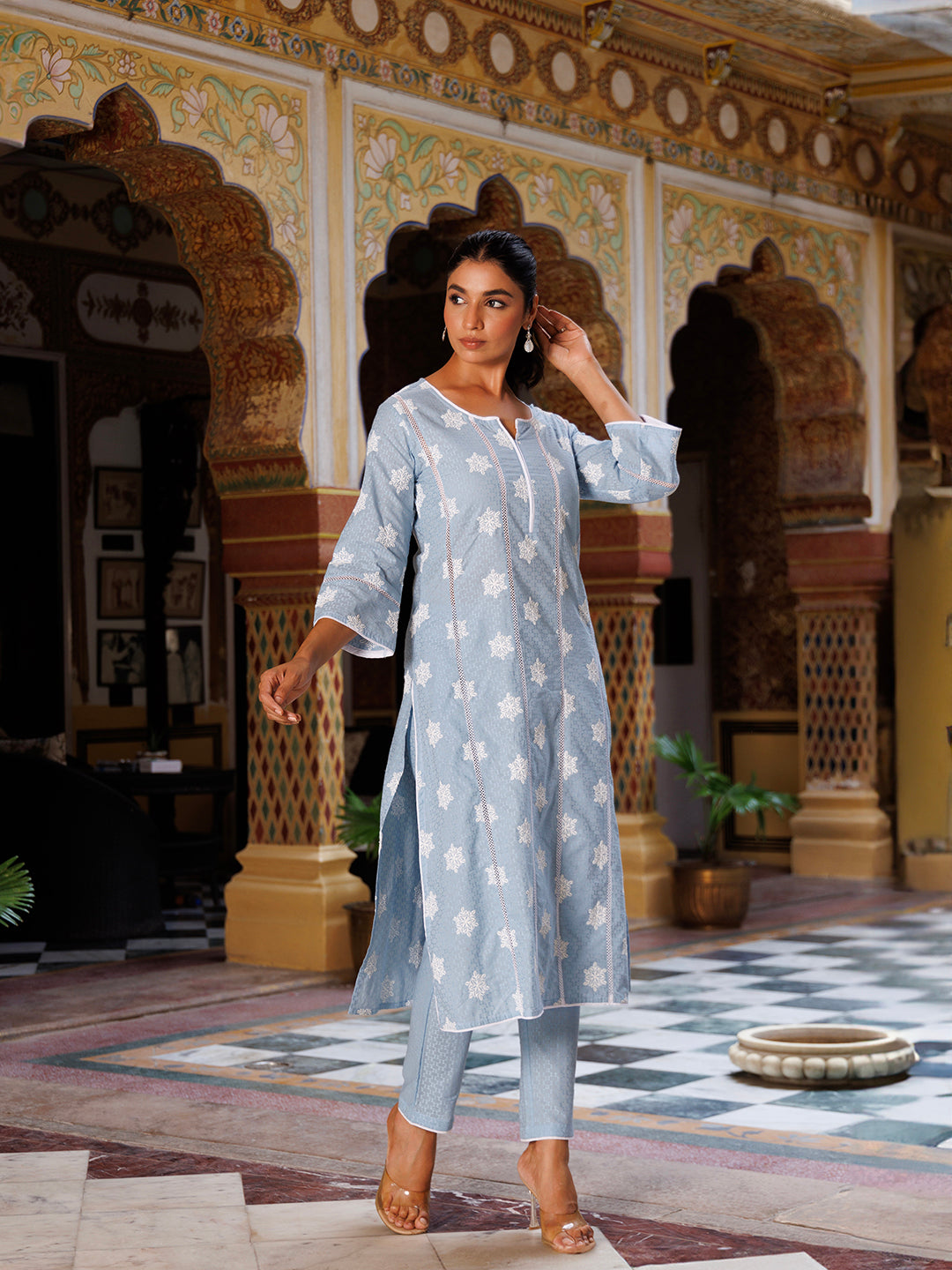 Beautiful blue cotton kurta set with intricate embroidered detailing by Ragavi