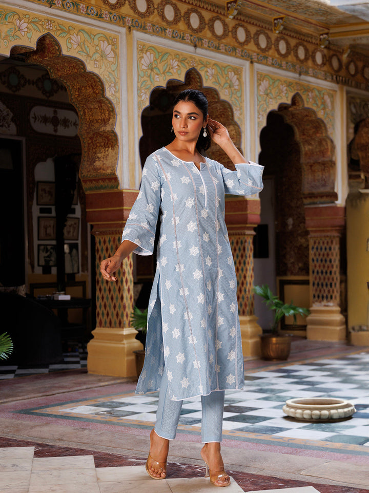 Ice Melt Blue Cotton Embroidered Kurta Set  - By Ragavi