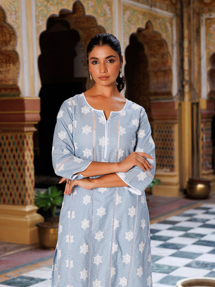 Ice Melt Blue Cotton Embroidered Kurta Set  - By Ragavi