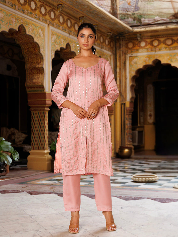 Calypso Pink Embroidered Silk Kurta Set with intricate floral patterns and delicate detailing