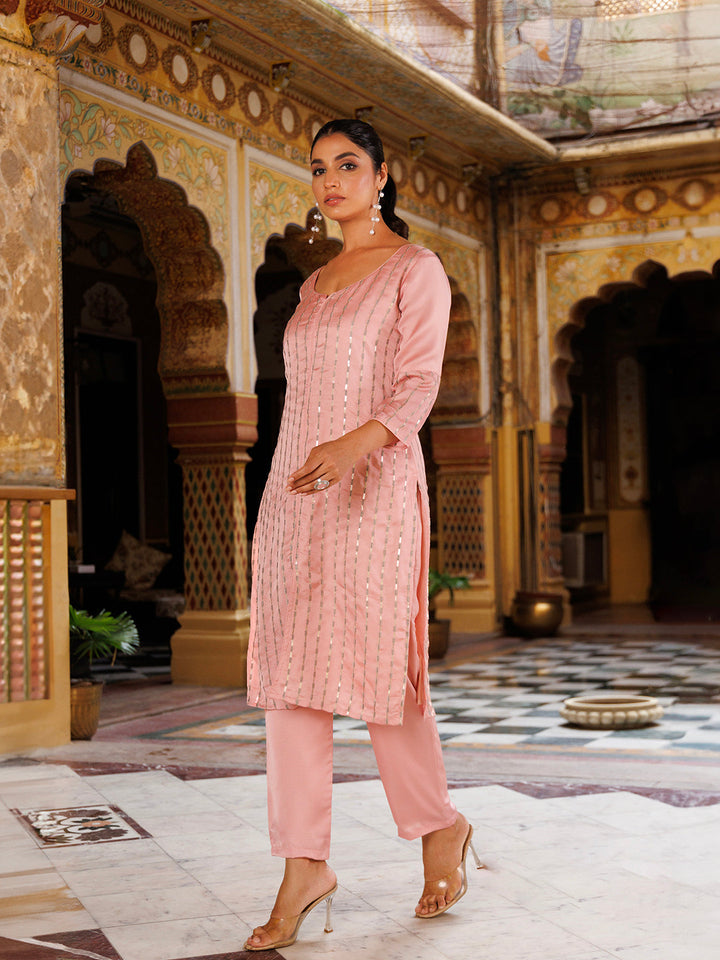 Beautiful Calypso Pink Embroidered Silk Kurta Set with elegant design and texture