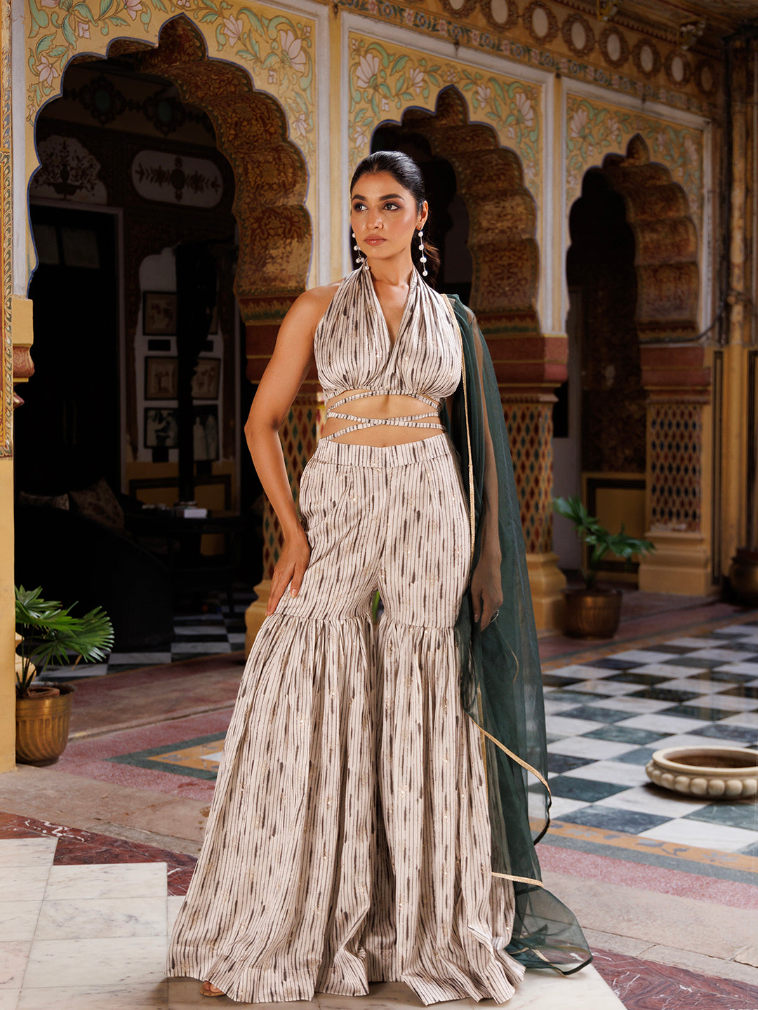 Alt text: Northern Droplet Grey Green Co-Ord Set by Ragavi, featuring a stylish two-piece outfit with a coordinating top and bottom in a versatile and trendy color combination